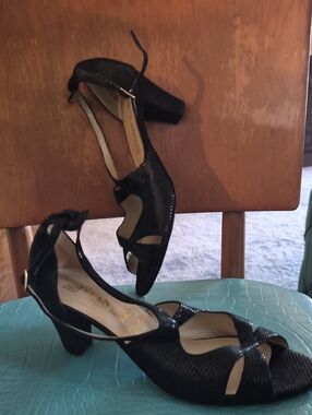 V-  Lanvin Black Strappy Peep-Toe Heels with Ankle Buckle 2" Heel Size @ 9.5